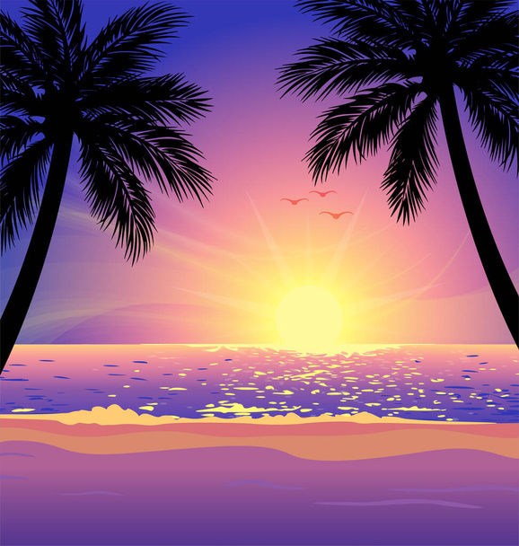 lämmin trooppinen ranta auringonlasku palmuja - Vektori, kuva