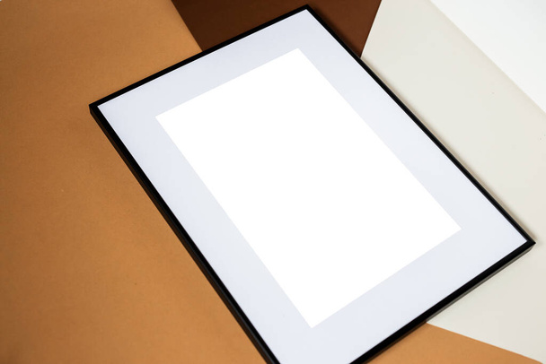 White picture frame with decorations. Mock up for your photo or text. Place your work, print art, white background, pastel color book. Photo realistic 3d illustration - Fotó, kép