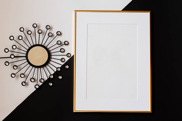 Gold picture frame with decorations. Mock up for your photo or text. Place your work, print art, white background, pastel color book. Photo realistic 3d illustration - Foto, Bild