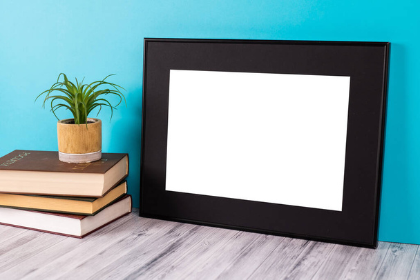 White picture frame with decorations. Mock up for your photo or text. Place your work, print art, white background, pastel color book. Photo realistic 3d illustration - Foto, afbeelding