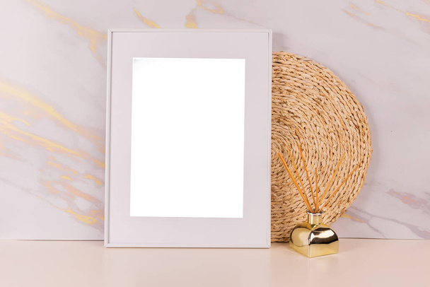 White picture frame with decorations. Mock up for your photo or text. Place your work, print art, white background, pastel color book. Photo realistic 3d illustration - Foto, immagini