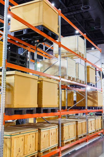 Cargo box on steel shelf system in warehouse - Photo, Image