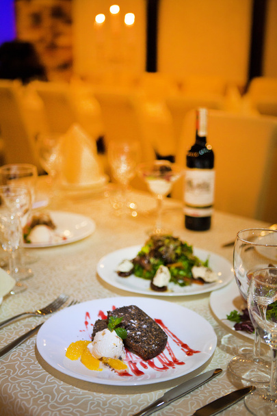Dinner at the restaurant, evening for two, holiday dinner, dinner at the hotel, tableware - Photo, Image