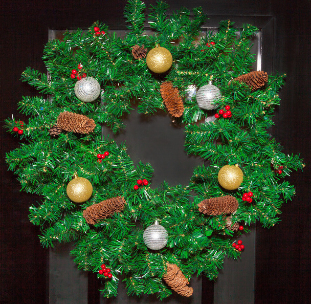 Christmas ornaments, bells, stars, balls, Christmas wreaths tabs, tree, holiday, new year,Santa hat, a clock with a cap of Santa Claus - Fotoğraf, Görsel