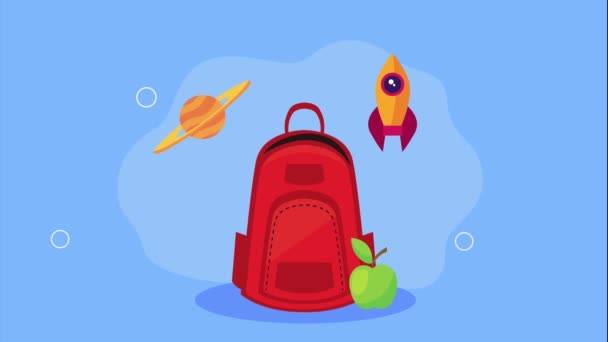 red schoolbag with supplies animation , 4k video animated - Imágenes, Vídeo