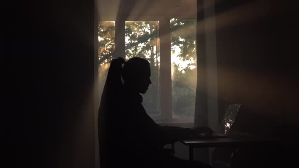 The young guy is passing the online course to develop the knowledges using laptop at home. Sun rays from the window. Evening tome. - Imágenes, Vídeo