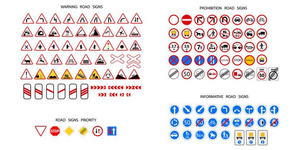 Road signs. Traffic, Warning, Prohibition signs. Information signs. Alert message. Vector illustration. Stock image. EPS 10. - Vector, Imagen