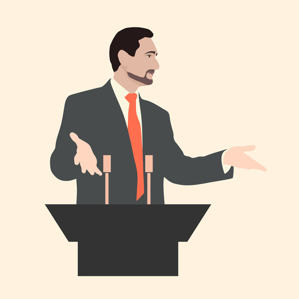 Orator stands behind a podium with microphones - Vector, Image