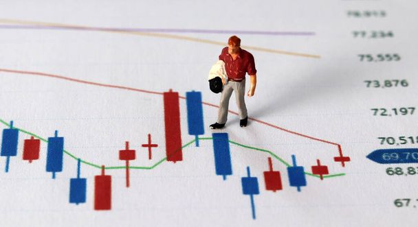 Business concept with graphs and miniature people. A miniature man walking on the graph. - Φωτογραφία, εικόνα