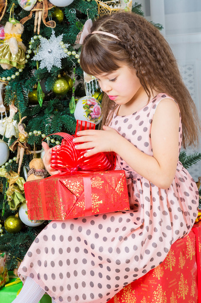Happy little girl with christmas present smiling - Φωτογραφία, εικόνα