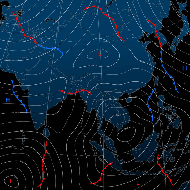 Forecast weather isobar night map of Asia, wind fronts and temperature vector diagram. Meteorology climate and weather forecast isobar of Asia continent countries with cold and warm cyclone chart - Vektor, kép