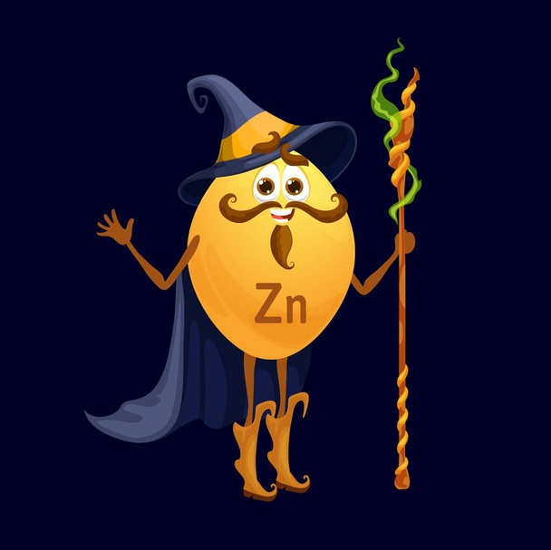 Cartoon happy zinc and zincum micronutrient mage character. Isolated vector Zn wizard warlock nutrient capsule personage wear witch hat, cape holding staff. Funny food supplement, mineral wiz bubble - Vektor, Bild