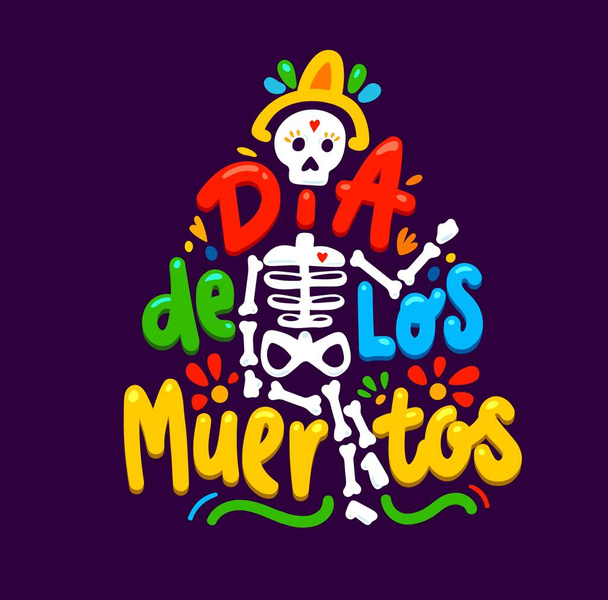 Dia de Los Muertos. Mexican cartoon banner with skeleton. Day of the Dead holiday party, mexican Dia de Los Muertos vector background with human funny skull, skeleton bones and color typography - Vector, imagen
