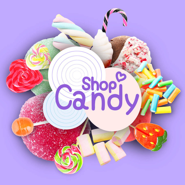Collage van lekkere snoepjes met tekst CANDY SHOP op kleur achtergrond - Foto, afbeelding