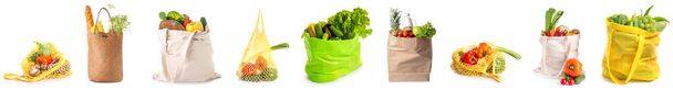 Collage of shopping bags with fresh products on white background - 写真・画像