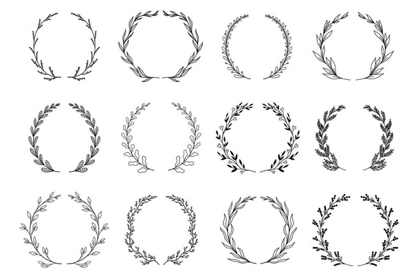 Ornamental branch wreathes set in hand drawn design. Laurel leaves wreath and decorative branch bundle. Collection of differen herbs, twigs, flowers and plants curl elements. Vector floral decoration - Vettoriali, immagini