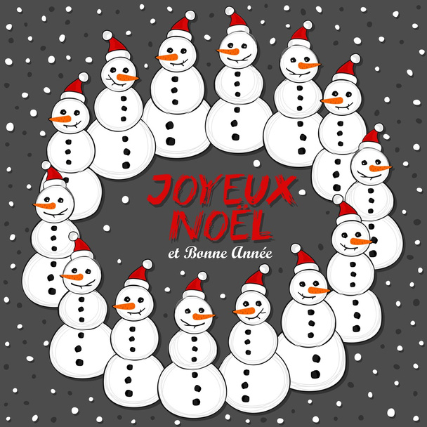 Happy snowmen in Santa Claus hats wreath Christmas winter holiday card illustration with Merry Christmas wishes in French on dark background - Vector, Imagen