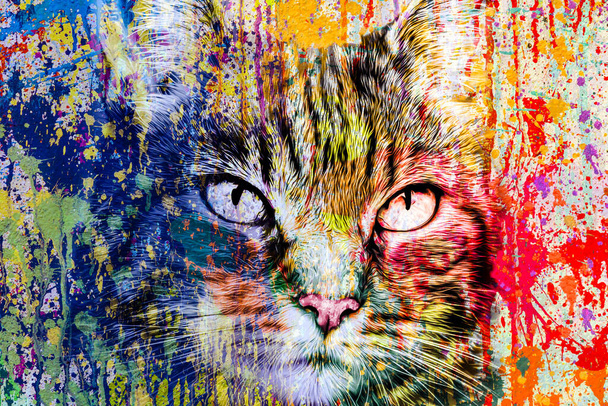 abstract colorful cat muzzle illustration, graphic design concept color art - Photo, Image