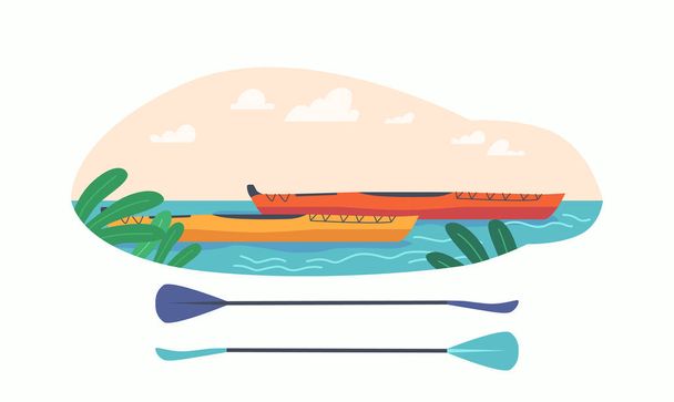 Kayak or Canoe Boats with Paddles for Rafting, Canoeing, Boating or Kayaking Sports and Extreme Activities. Boats on Water Pond, River, Sea or Lake, Rowing Competition. Cartoon Vector illustration - Вектор,изображение