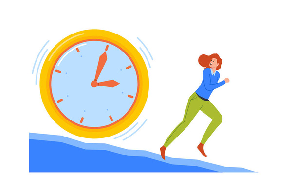 Anxious Business Woman Character Running Away from Huge Clock. Time Management, Lack of Time, Deadline, Stress, Work Productivity, Working Process Organization Concept. Cartoon Vector Illustration - Vector, Imagen