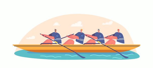 Four Athletes Swim On Boat. Concept Of Rowing Competition, People Enjoy Active Water Sports Game, Extreme Activity, Men Team Rafting, Kayaking, Canoeing in Wild River. Cartoon Vector Illustration - ベクター画像