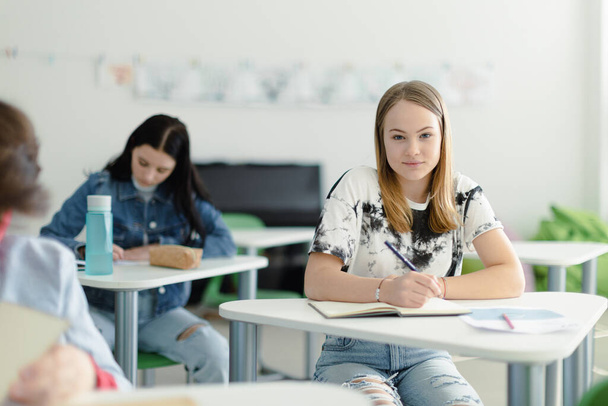 High school students paying attention in a class, sitting in their desks and writing notes, back to school concept. - Photo, Image