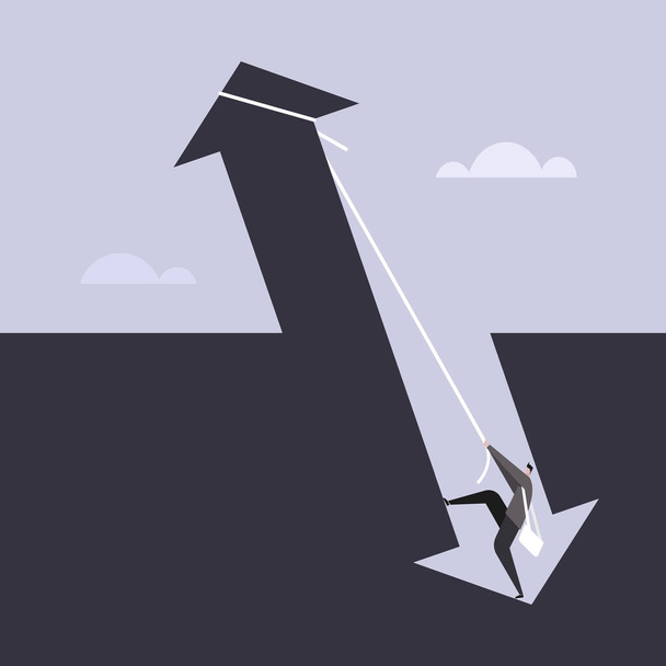 Illustration of a businessman climbing up from the down arrow using a rope - Vector, afbeelding