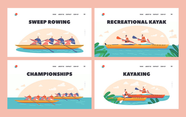 Kayaking Canoeing or Rafting Sport and Leisure Landing Page Template Set. Sportsmen Rowing in Kayaks, Extreme Activity, Championship Water Sports Games, Team Rowing. Cartoon People Vector Illustration - ベクター画像