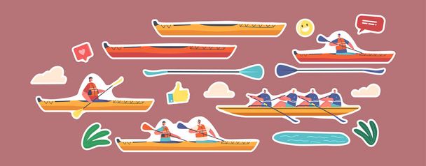 Set of Stickers Kayaking, Canoeing or Rafting Sport. Sportsmen Rowing in Kayaks, Extreme Activity, Water Sports Games Dual Team Rowing. People Row In Boat with Paddles. Isolated Cartoon Vector Patches - Vettoriali, immagini