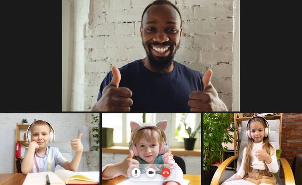 Nice, good sign. Happy kids studying online by group video call, use video conference with each other and teacher. PC screen view with application ad. Concept of education, emotions, childhood. - Photo, Image