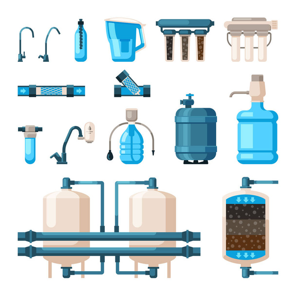 water filters. accessory for cleaning liquids purification processes waste treatment. vector containers flat style - Вектор,изображение