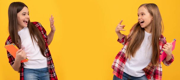 School girls friends. glad happy children in casual checkered shirt with copybooks, fun. Horizontal isolated poster of school girl student. Banner header portrait of schoolgirl copy space - Zdjęcie, obraz