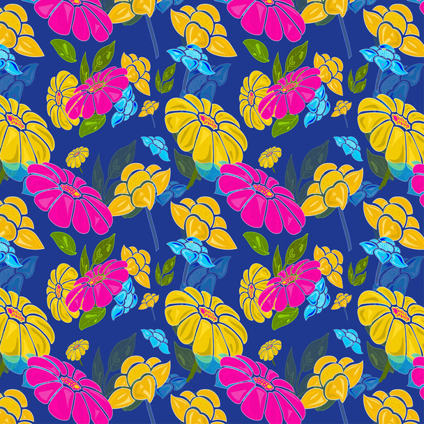 Nahtlose florale Muster der Mode fuchsia, jonquil Farbe Gänseblümchen Blume und lebendige himmelblau, Avocadofarbe Narzissen Blume auf dunklem Kornblumenblau Farbe auf dem Hintergrund. Textildesign, Tapete, Karte  - Vektor, Bild