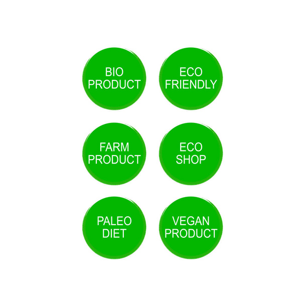 BIO PRODUCT, ECO FRIENDLY, FARM PRODUCT, ECO SHOP, PALEO DIET, VEGAN PRODUCT GREEN CIRCLE LABELS ISOLATED ON WHITE - Vektor, obrázek
