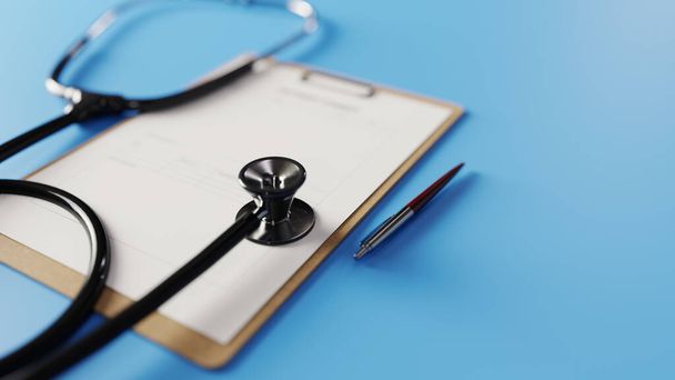 stethoscope and clipboard with blue background, 3d rendering - Photo, Image