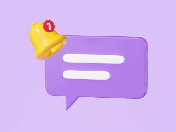 Notification bell on speech bubble with text 3d render. Cute cartoon illustration of simple yellow bell icon with banner for attention or to indicate new information and message. - Fotoğraf, Görsel