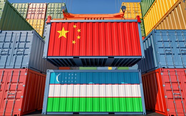 Cargo containers with Uzbekistan and China national flags. 3D Rendering - Zdjęcie, obraz