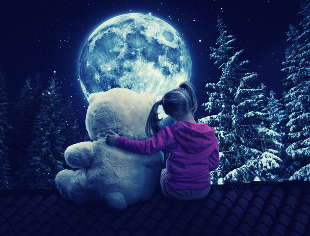Girl on the roof with toy bear - Photo, Image