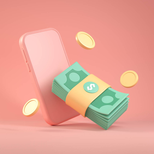 3d Rendering Financial Business Cash Banknotes And, SmartPhone Mobile, Floating Coin Around, Illustration Background - 写真・画像