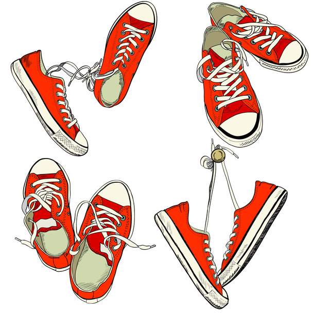 Four pairs of red sneakers - Vector, Image