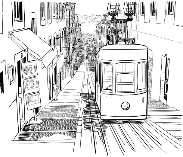Calle tranquila de Lisboa con un tranvía
 - Vector, Imagen