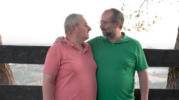 Middle aged husbands closing eyes and kissing each other gently during romantic date at sunset - Filmati, video