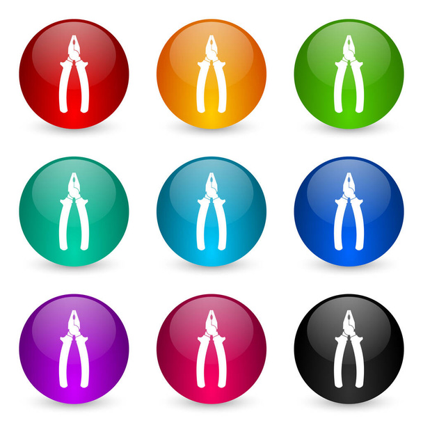 Szczypce, zestaw ikon sprzętu, kolorowe błyszczące przyciski renderowania 3d w 9 kolorach dla webdesign i aplikacji mobilnych - Zdjęcie, obraz