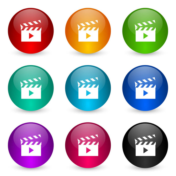 Video icon set, colorful glossy 3d rendering ball buttons in 9 color options for webdesign and mobile applications - Photo, Image