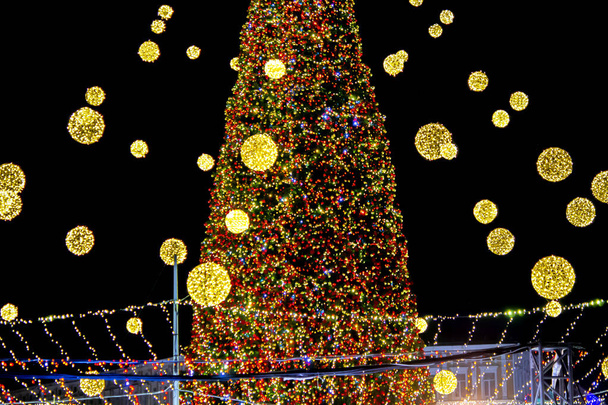 Beautiful Christmas tree and New Years tree decorated multi-colored flashing garlands and lights at night. Christmas tree with flashing lights. New Year and Christmas holidays - Photo, Image