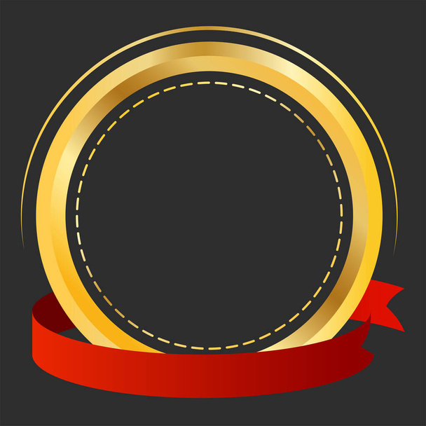Golden Empty Round Frame With Red Ribbon On Black Background. - Vector, Image