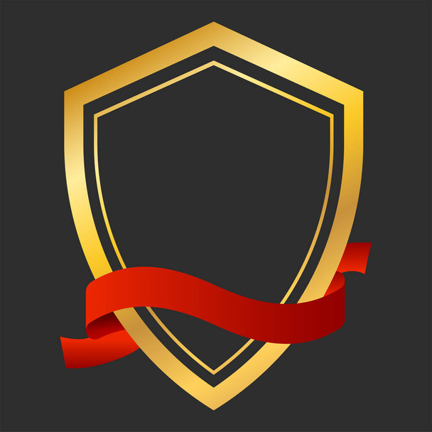 Empty Shield Frame With Red Ribbon On Black Background. - Vector, Imagen