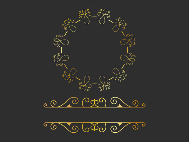 Golden Motif Or Flourish Emblem And Copy Space On Black Background. - Vetor, Imagem