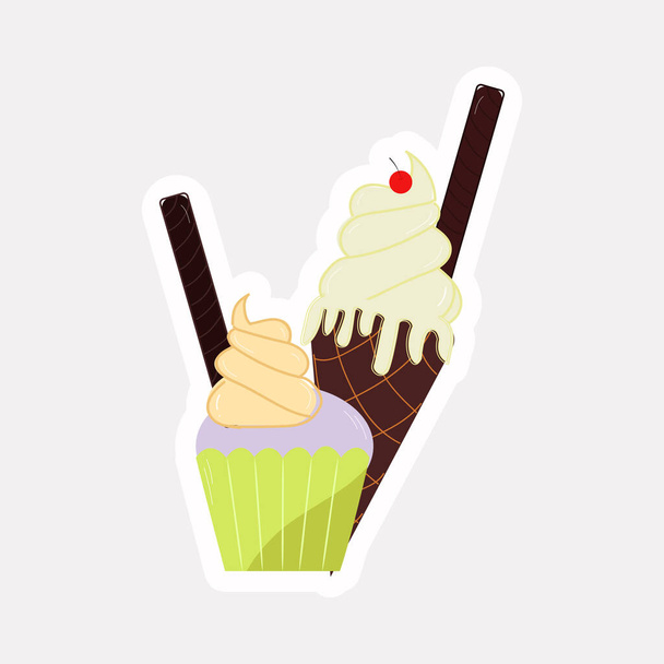 Choco Stick Cup Cake And Ice Cream Cone In Sticker Style. - Vector, Image