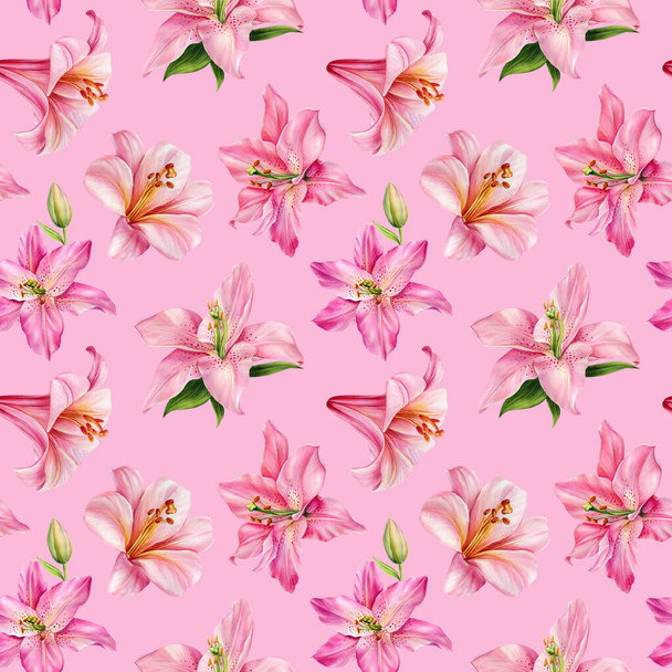 Flower seamless pattern. Hand drawn lily, watercolor flora on pink background. High quality illustration - Foto, afbeelding